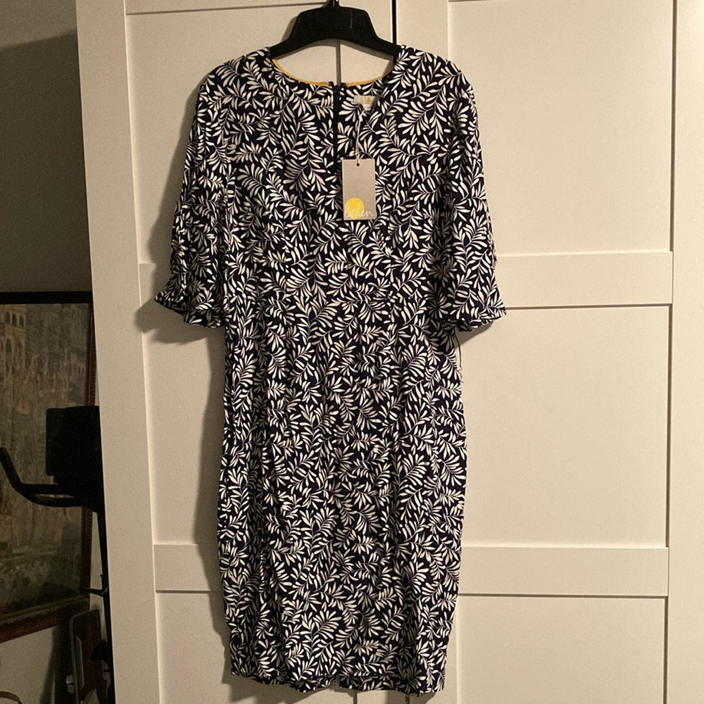 Boden navy and white floral dress with bell sleeves
